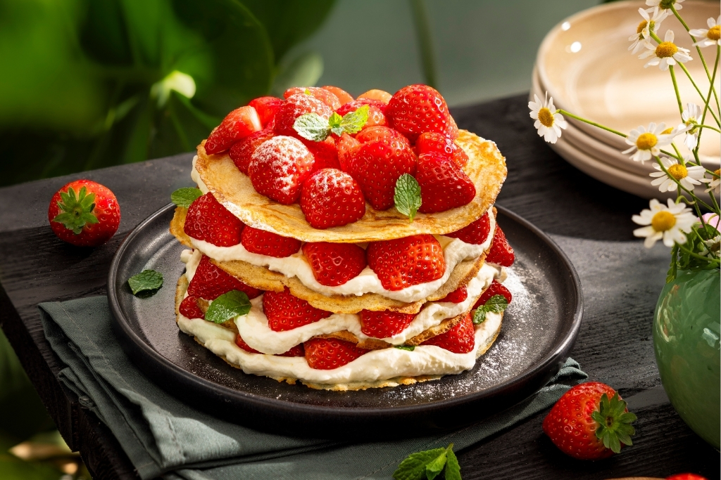 Homemade crepes with strawberries